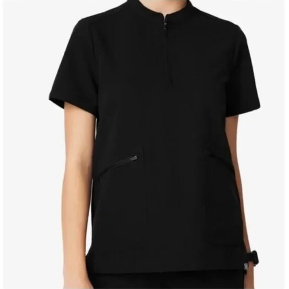 Figs XS Black Nata Henley Scrub Top Zippered Neckline & Pockets Limited Edition